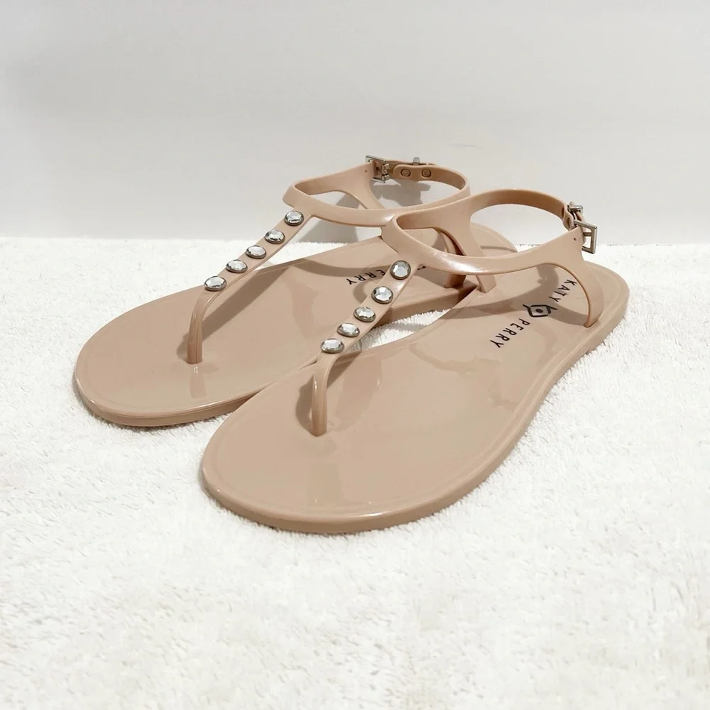 Katy Perry Jelly Stud Sandals Taupe Rhinestone Slingback Beachy Coquette 8
